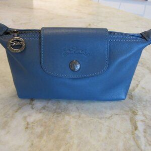 Longchamp Le Pliage Cuir Leather Pouch/Cosmetic Bag Pilot Blue 6.25" x 4" x 2.2"